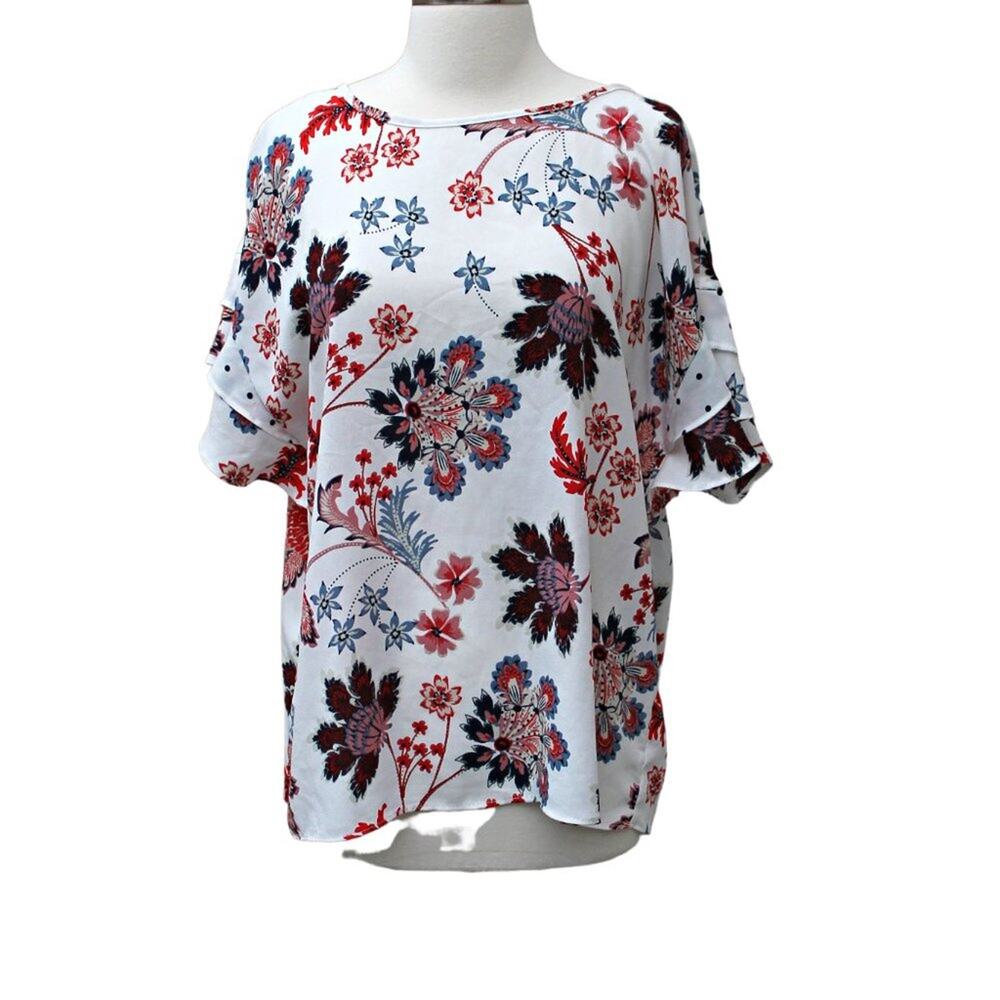 Como Vintage Floral Polka Dot Print Short Sleeve Blouse Size Large